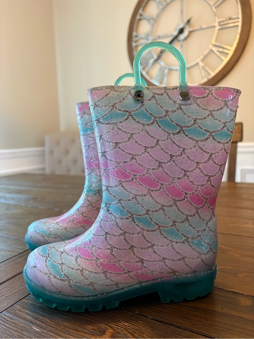 Light-Up Kids Glitter Mermaid-Scale Rain Boots in Pink & Teal